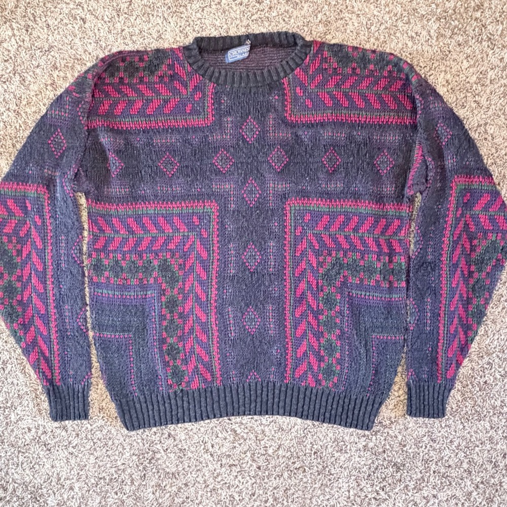Vintage Crossings Mens Geometric Knit Sweater Purple Red Teal Crewneck XL